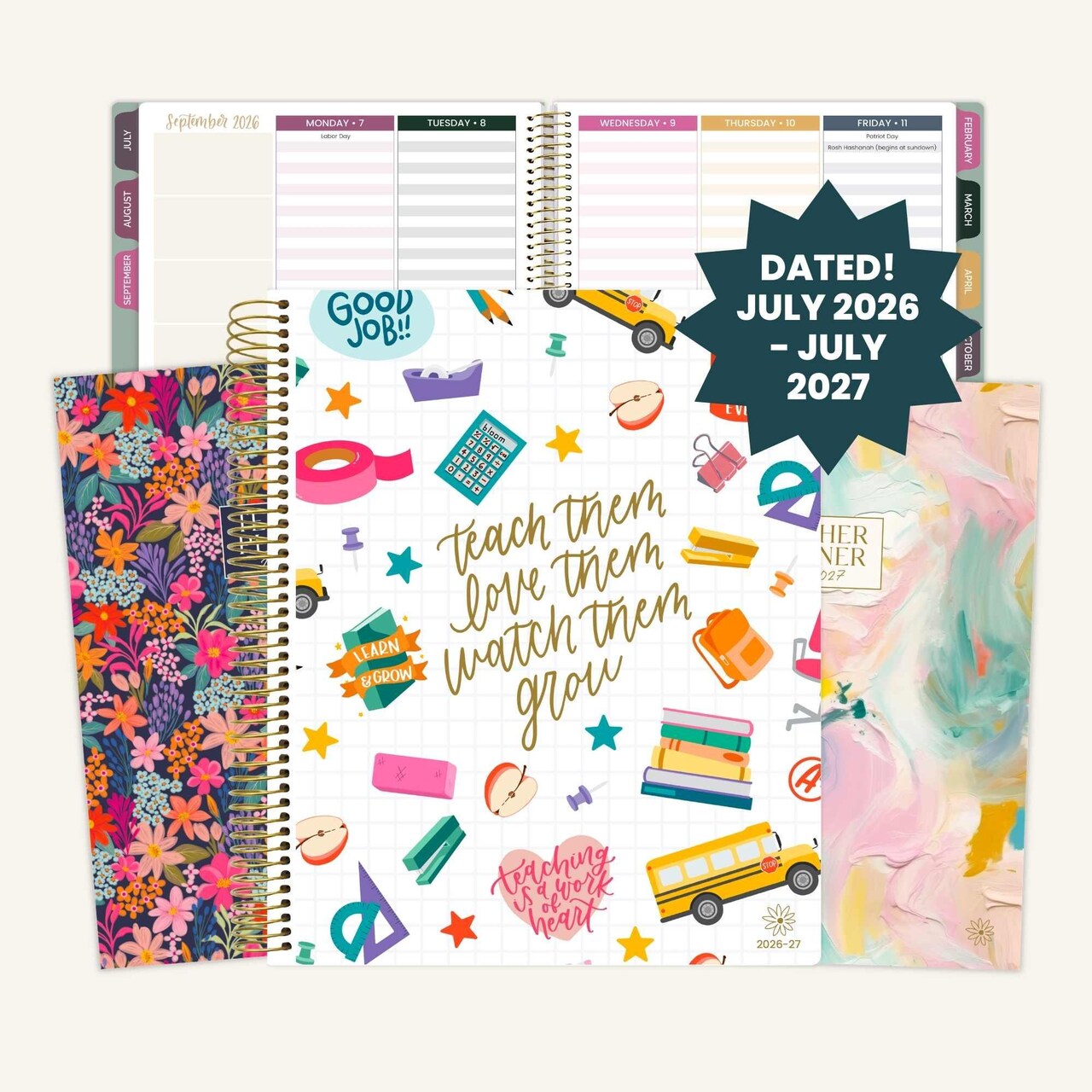 bloom daily planners 2026–2027 Teacher Planner, Bold & Bright – 7 Period Lesson Plan Book, 9" x 11", Interchangeable Cover